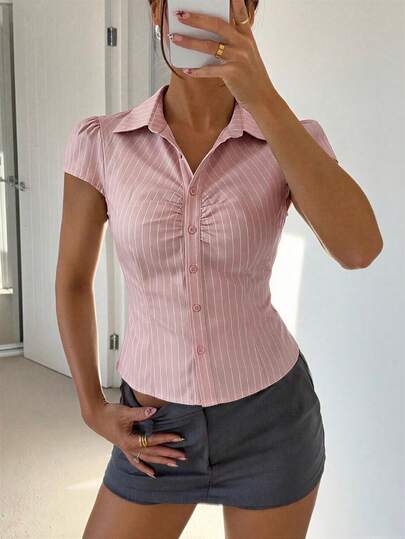 Siren Gaze Women's Casual Striped Button-Front Shirt, Summer Fitted Blouses For Women Office Tops Women Sexy Shirt Office Blouse Tight Shirt Fitted Shirts For Women,Pink Top Womens Shirts For Summer Women S Shirts Womens Work Tops Polo Blouse For Women Formal Work Clothes Women Office Office Shirts For Women Business Casual Women Tops