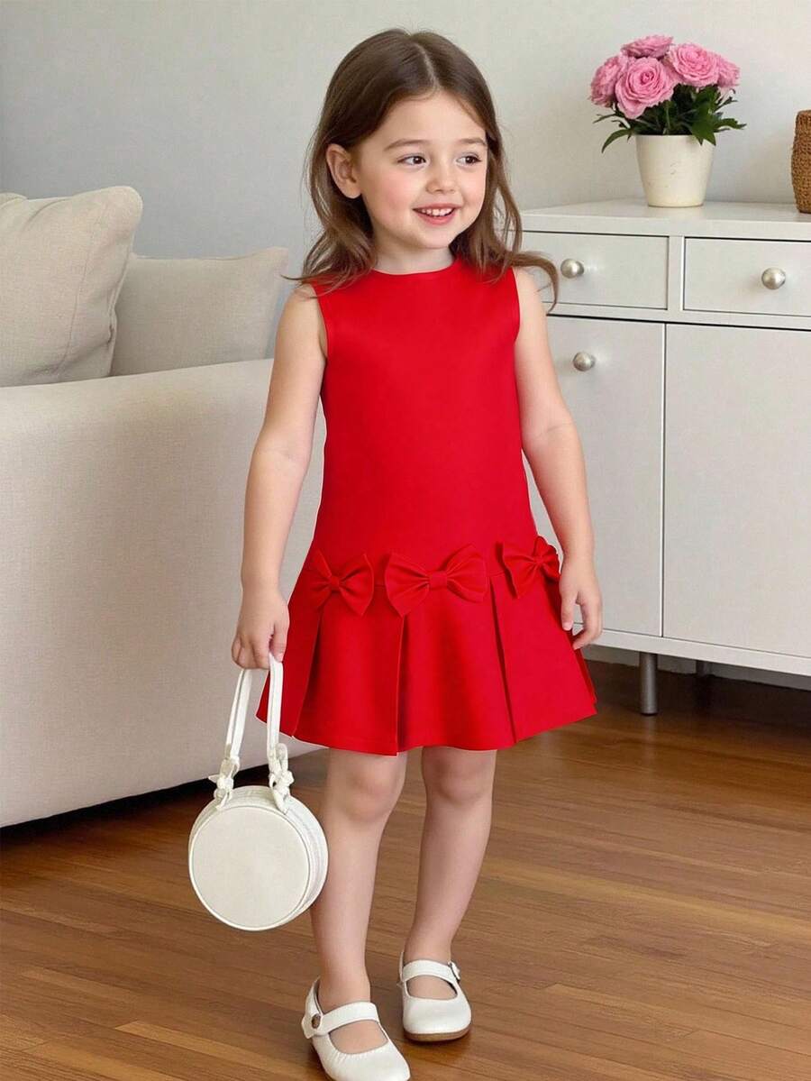 Elladie kids Đầm công chúa màu đỏ trơn không tay, xếp ly, thắt nơ, tối giản, thanh lịch cho bé gái, thích hợp mặc mùa hè, ngày Valentine. - Đỏ - Xem 1