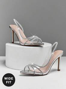 SHUZIA 女士透明银色水钻细高跟凉鞋 – 优雅宽楦婚礼及派对凉鞋 - 銀色 - 查看 5