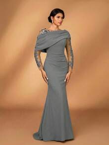 Serin Đầm dáng xòe đuôi cá, thanh lịch, lãng mạn, màu xám, chất liệu dệt kim co giãn, phối lưới tương phản, vai bất đối xứng, bèo nhún, thích hợp cho tiệc tối, hẹn hò, dạ hội, kỳ nghỉ, đám cưới, hoặc làm đầm cho mẹ cô dâu. - Màu Xám nhạt - Xem 6