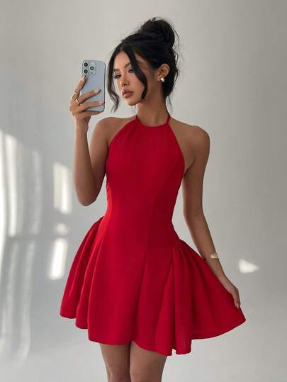 Aloruh Women's Red Ruched Halter Flounce Mini Dress, Waist Cinched Design For Valentine's Day