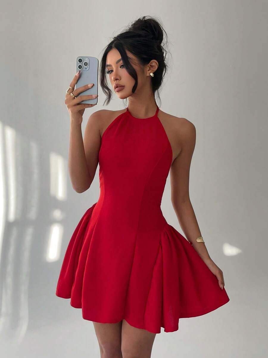 Aloruh Đầm ngắn màu đỏ xếp ly cổ yếm bồng bềnh dành cho nữ, thiết kế thắt eo, thích hợp cho ngày Valentine.