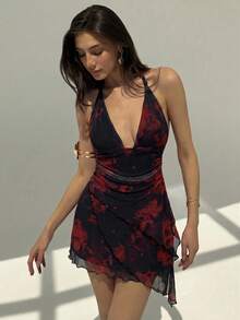 Aloruh 女士撞色印花简约休闲性感露背迷你连衣裙 - 黑色 - 查看 1