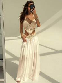 Aloruh 女士夏季度假波西米亚风钩针套装，两件套，适合日常夏季穿着、夏季服装、夏季沙滩装、女士沙滩度假装、度假装、热带度假波西米亚风女装、热带度假女装，钩针背心和喇叭裙两件套 - 杏色 - 查看 5