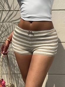 Aloruh Damen Shorts mit Schleifen-Dekor, gestreift, elegant, mit extra-niedriger Taille - Khaki - Übersicht 5