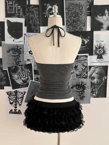 Attitoon Women's Y2K Style Metal Accent Halter Neck Tight Top, Summer - Dark Grey - View 7