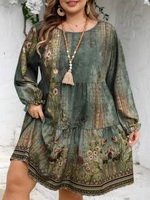 SHEIN CURVE+ Curve 加大码 US22 音乐节、海滨度假、波西米亚风 CURVE PLUS // 复古豹纹宽松圆领长袖连衣裙，适合秋冬季穿着 - 彩色 - 查看 6