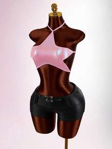 Amplova Women's Sexy Backless Star Print Top, Shiny Pink Fabric, Suitable For Music Festivals, Cute & Sexy - Pink - View 9