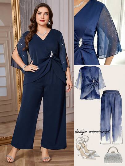 Ellevyn Plus Size Solid Color Rhinestone Decor V-Neck Ruched Top And Wide Leg Pants 2 Piece Set Wedding Guest Dress For Women Wedding Party Dress Birthday Dresses For Women Birthday Outfits For Women Carnival Costume Carnival Women Look 2026 Women Carnival Costume Carnival Outfit Carnival Costume For Women Women's Carnival Costume Spring Outfits For Women Spring Outfit Women Spring Break Outfits Summer Outfits For Women Summer Clothes Summer Vacation Outfits Summer Outfits For Woman Summer Clothes Women Set 2 Piece Set Women Two Piece Women Sets Outfit Sets Women Matching Sets Women Matching Sets Suits For Woman Set Sets For Women Comfy Sets Women Co Ords Sets Women Women's Summer Set  Summer Outfits Summer Clothes Summer Holiday Outfits