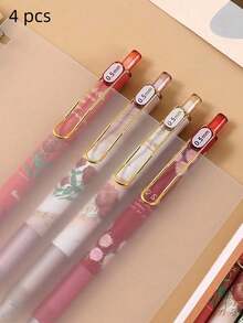 4PCS Gel Ink Pens Flower Retractable Pens 0.5mm Black Ink Gel Pens Women Girls Cute Aesthetic Pens Office School Pens, Office & School Supplies - Rose Red - View 7