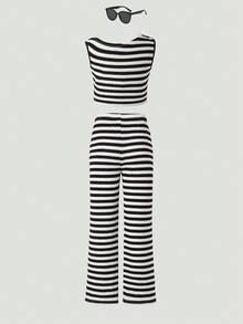 SHEIN 2件套少女针织条纹不对称肩部印花休闲T恤和打底裤套装 - 黑與白 - 查看 2