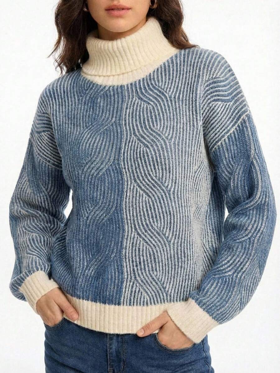 Lilora Women's Casual High Neck Regular Length Multicolor Wave Print Drop Shoulder Knit Pullover Sweater