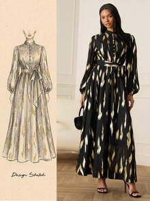 Lilora Elegantes Pendler-Maxikleid mit goldener Folien-Laternenärmel für Damen, raffinierte und elegante Outfits vom Frühling bis Sommer, Frühlingsoutfit für Damen - Schwarz - Übersicht 6