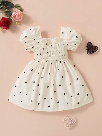 Souflis Souflis Baby Girls' Colorblock Heart Print Square Neck Short Sleeve Dress