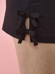 OverBlushhh Women's Black High Waist Stretch Mini Skirt Side Slit Bow Detail Elastic Waist Slim Fit, Cute, Sexy, Casual Skirt Date, Party, Festival, Valentine's Day, Valentine, Spring - Black - View 2