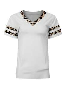 INAWLY Women's Casual Leopard Print Contrast V-Neck Short Sleeve T-Shirt - Multicolor - View 3