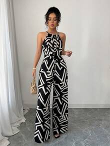 Elenzga Bộ jumpsuit nữ bằng vải in họa tiết, thắt eo, thanh lịch, thích hợp cho kỳ nghỉ và mặc hàng ngày. - Nhiều màu - Xem 5