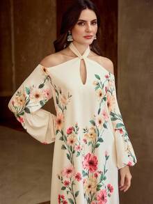 ZEYLAH 女士优雅印花露肩灯笼袖流苏下摆宽松中长连衣裙，度假风 - 杏色 - 查看 7