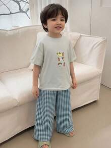 DAZY Toddler Boys' Printed Round Neck Short Sleeve Top & Plaid Pants Pajama Set - Blue - View 2