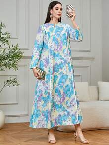 Yasmyna Women's Floral Print Long Sleeve Dress, Minimalist & Versatile - Teal Blue - View 6