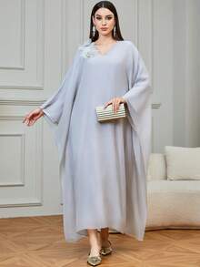 Al Najma Women's Chiffon Poncho With 3D Floral Decor, V-Neck Loose Fit Tunic - Light Grey - View 7
