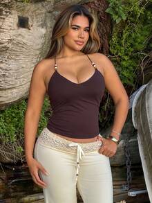 Maria Perezxox Brown Beaded Spaghetti Strap Tank Top For Ladies, Summer Tight Sexy Retro Cami Vest, Beach Holiday Sleeveless Top - Coffee Brown - View 1