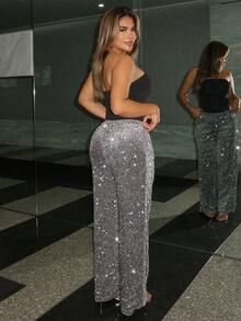 Maria Perezxox Women's Black Velvet Silver Sequin Drawstring Wide Leg Pants, Suitable For Daily Wear, Concert, Cocktail Party, Party, Nightlife, Carnival Party Glittering - Dark Grey - View 2