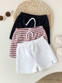 SHEIN Playful Pals 3件套婴幼儿男童休闲宽松卡其格纹、黑白条纹、纯色短裤，夏季日常穿着、度假和外出必备单品 - 彩色 - 查看 8