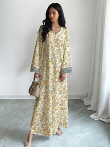SHEIN Najma 大码女式复古碎花印花长袖连衣裙，V领碎花复古印花长裙，优雅阿拉伯风情时尚连衣裙，春夏款 - 彩色 - 查看 4
