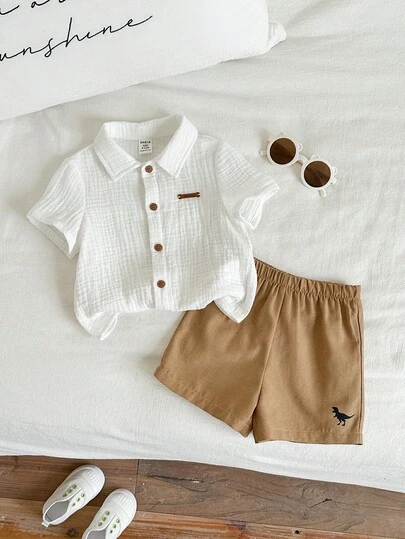 SHEIN 2pcs Baby Boy Summer Casual Cute Printed Chiffon Short Sleeve Shirt And Shorts Set, Suitable For Birthday Party, Rave, Evening Party, Performance, Wedding, Baby Shower, Christening, 1st Birthday Celebration, Wedding Guest