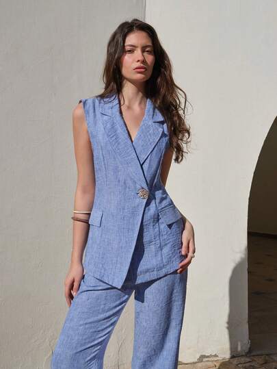 CasuGlow Women Two Pieces Indigo Color Gold Button Detailed Vest And Pant Suit Sets