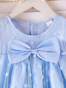 Blue Floral Mesh Bow Sleeveless Dress, Gentle & Elegant Young Girl Summer Party Gown, Vacation Mini Dress - Blue - View 7