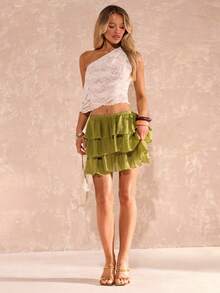 SHEIN Glamour SHEIN 魅力性感层叠荷叶边雪纺半身裙，适合感恩节、海滩、优雅场合、社交活动、度假、夏季假日穿着。这款荷叶边半身裙采用不对称设计，层叠剪裁，绿色层叠裙摆，是夏季女士度假的理想之选。 - 綠色 - 查看 1