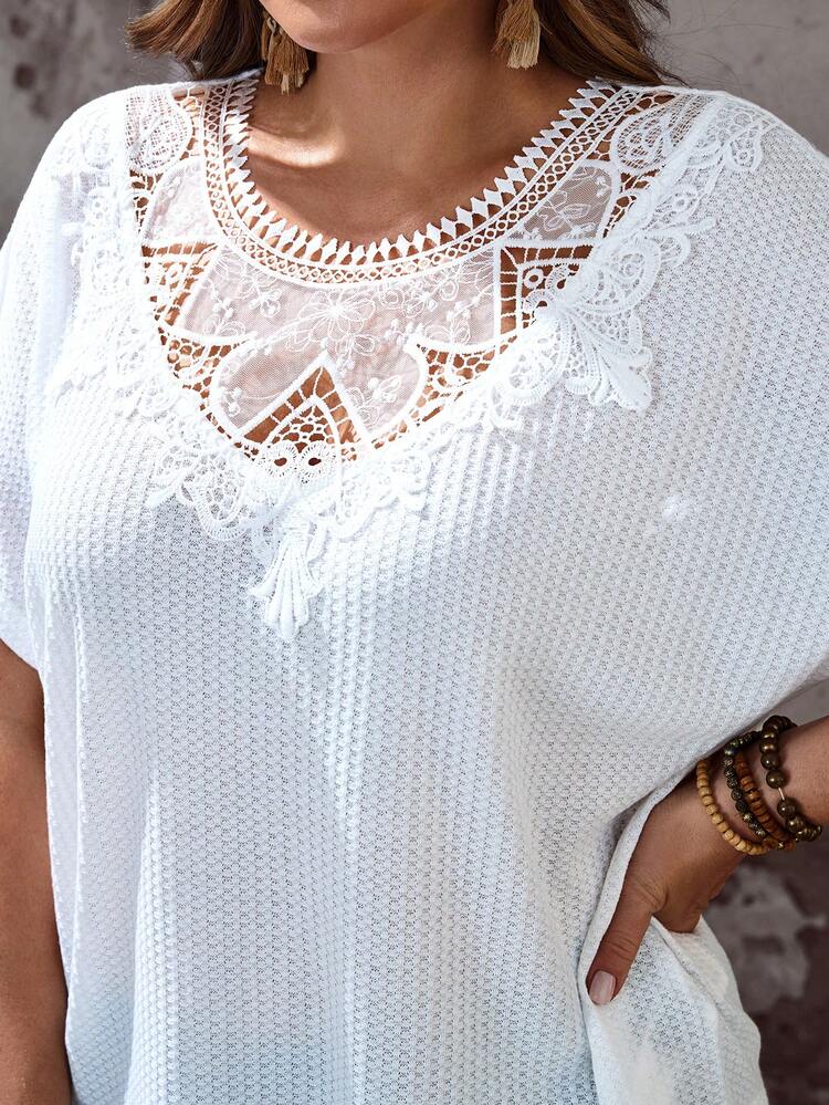 Plus Size Women's Solid Color Lace Patchwork Short Sleeve Top For Summer/ Vacation Summer Beach For Women Summer Holiday Casual For Women Going Out Top  White Elegant Top White Lace Top, Summer Top Lace Jersey White Boho Top Lace Trim Top White Mesh Top