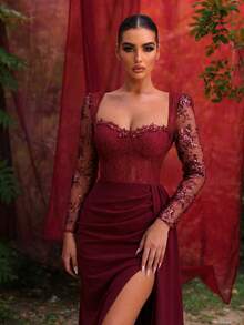 Glamrae Elegant Black Lace & Sequin Patchwork Sheer Long Sleeve See-Through Handmade Mermaid Side Slit Dress For Dates,Graduation,Weddings & Events - Burgundy - View 6
