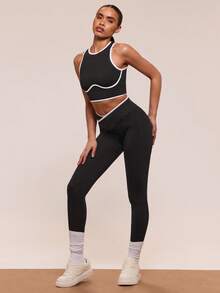 SHEIN BAE Damski krótki top z asymetrycznym stanem i legginsami sportowymi, zestaw do ćwiczeń na siłownię, strój fitness, zestaw legginsów do ćwiczeń, żebrowany zestaw do ćwiczeń dla kobiet - Czarne - Zobacz 8