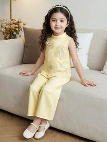 Elladie kids 2pcs/Set Young Girls Yellow Sleeveless Mandarin Collar Sequin Floral Vest & Straight Leg Pants,Summer 7th Birthday Middle Eastern Style Satin Outfits - Yellow - View 1