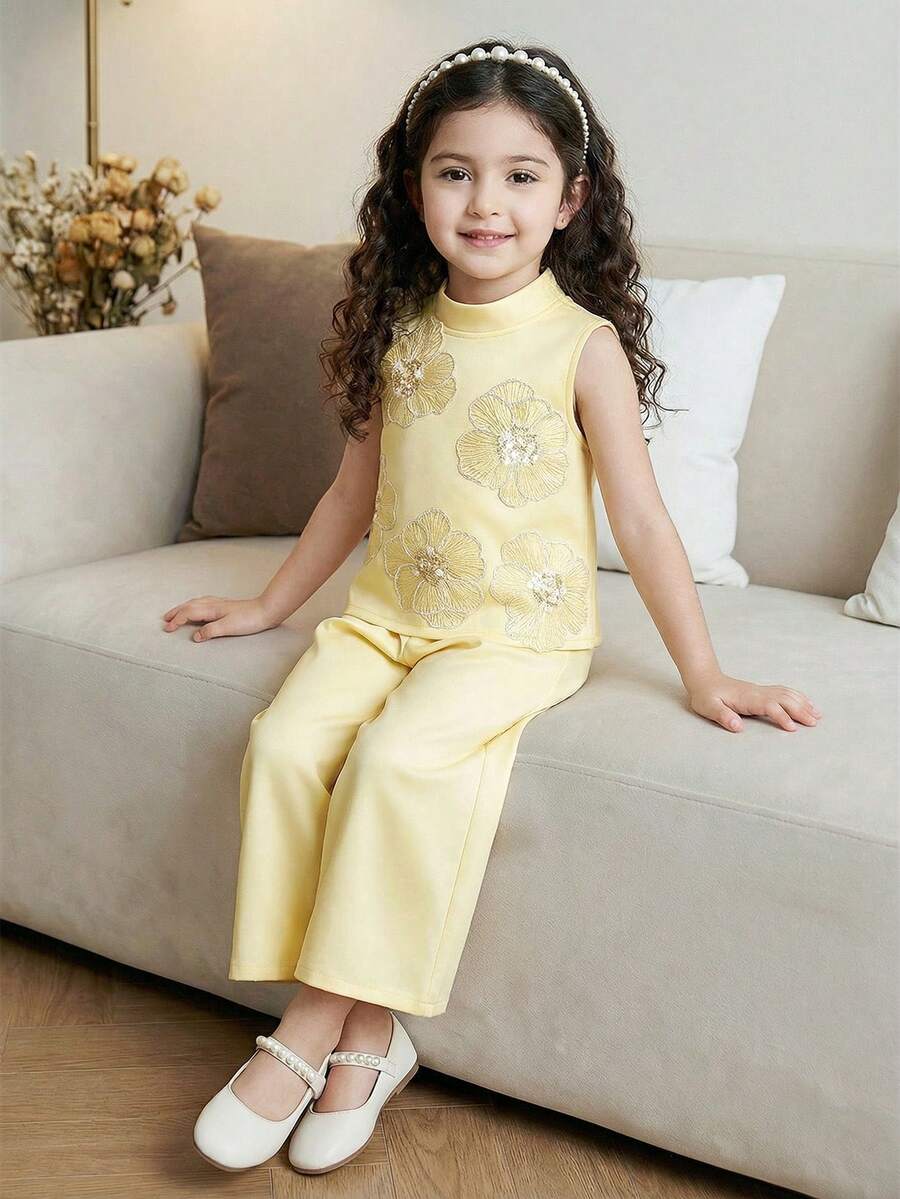 Elladie kids 2pcs/Set Young Girls Yellow Sleeveless Mandarin Collar Sequin Floral Vest & Straight Leg Pants,Summer 7th Birthday Middle Eastern Style Satin Outfits - Yellow - View 1