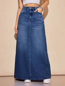 Rivivi Women's Casual Everyday Office Commute Versatile A-Line Extra Long Denim Skirt - Medium Wash - View 5