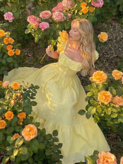 SHEIN MOD Vestido casual de mujer con volantes en el bajo y mangas cortas, color amarillo