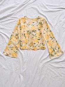 Soleia 女士休闲喇叭袖系带印花衬衫，夏季 - 彩色 - 查看 2