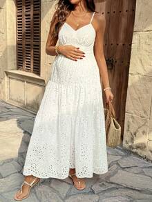 SHEIN Đầm không tay thêu hoa dành cho bà bầu, thời trang cho các bữa tiệc, kỳ nghỉ và những chuyến đi chơi. - trắng - Xem 2