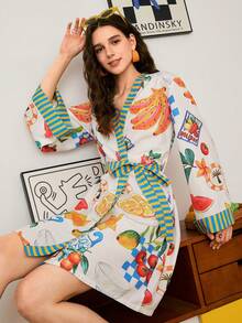 Young Energetic Fruit Banana Coconut Avocado Lemon Pattern Mediterranean Style Striped Print Women Sleepwear Robe - Multicolor - View 5