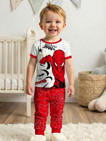 SHEIN Mono de niño pequeño de manga corta, de cuello redondo, ajustado y cómodo, con estampado clásico de telaraña y héroe araña, adecuado para primavera/verano