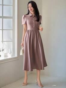 DAZY Đầm midi nữ thanh lịch màu trơn cổ bẻ tay phồng, thích hợp dự tiệc cưới, đầm hè. - Hồng - Xem 6