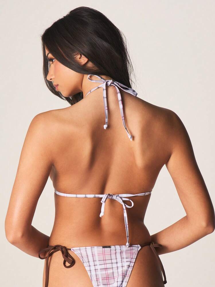 MISSGUIDED Halter Neck Triangle Bikini Top With Contrast Plaid Straps And Tie Back Detail Summer Beach Swimwear