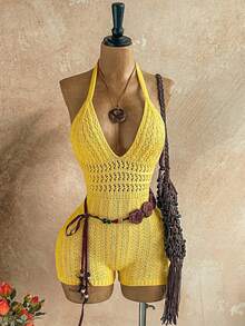 Soleia Bộ jumpsuit dệt kim ombre cổ chữ V sâu hở lưng dành cho nữ mùa thu, gợi cảm và thời trang, phù hợp cho tiệc tùng, hẹn hò, trà chiều, kỳ nghỉ phong cách boho, đi biển. - Màu vàng - Xem 3