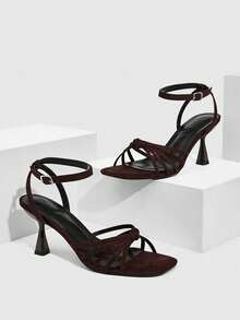 CUCCOO SZL 女士多带系带方头高跟凉鞋，性感时尚闪亮金色细高跟，适合夜店、派对、音乐节等场合。 - 深棕色 - 查看 2