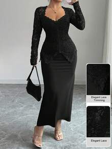 Modelyn Plus Size Women Elegant Keyhole Neck Contrast Lace Button Waist Bodycon Dress - Black - View 5