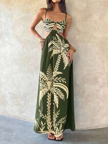 Aloruh 吊带镂空印花连衣裙，时尚夏季 - 軍綠色 - 查看 3